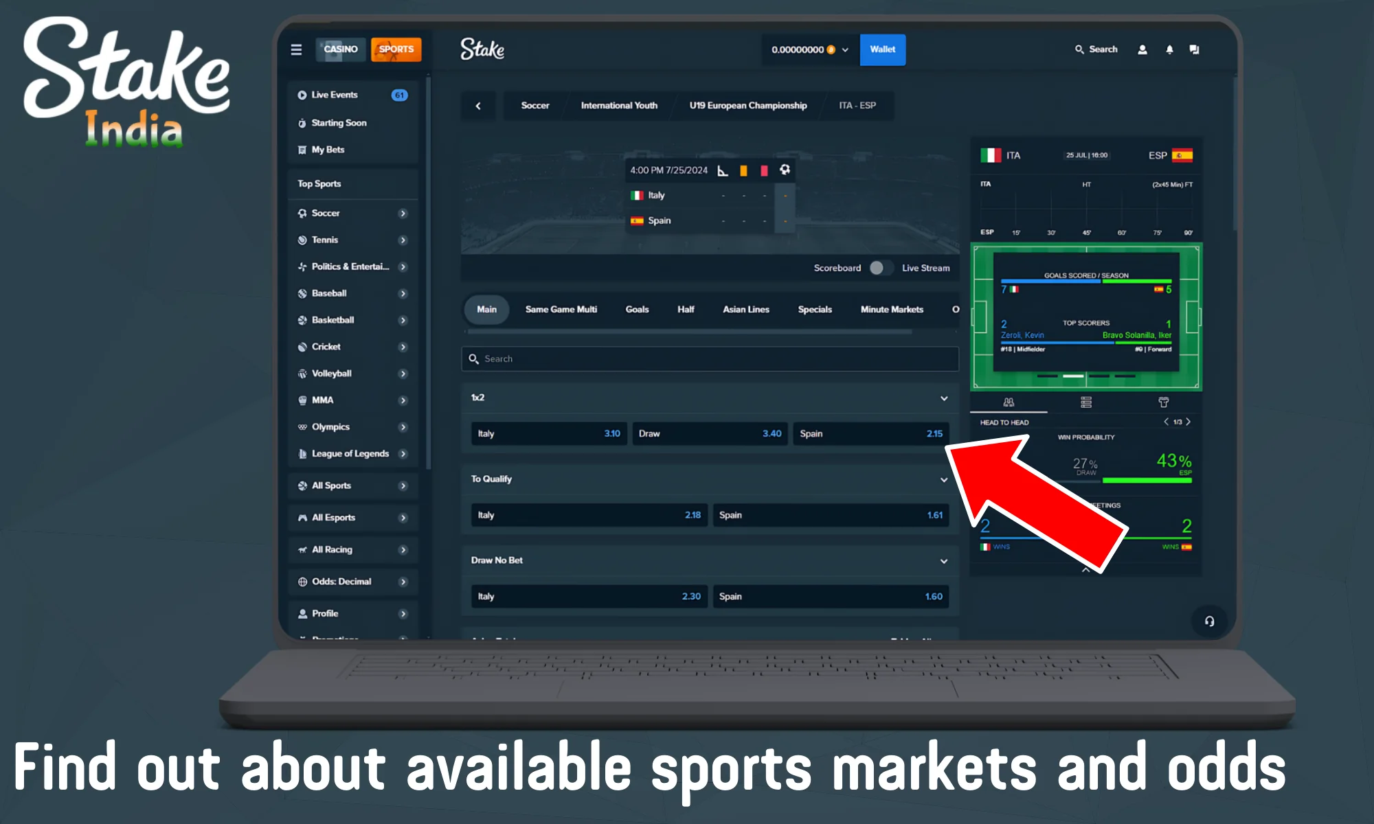 Learn available sports markets and odds and add the match to the bet slip